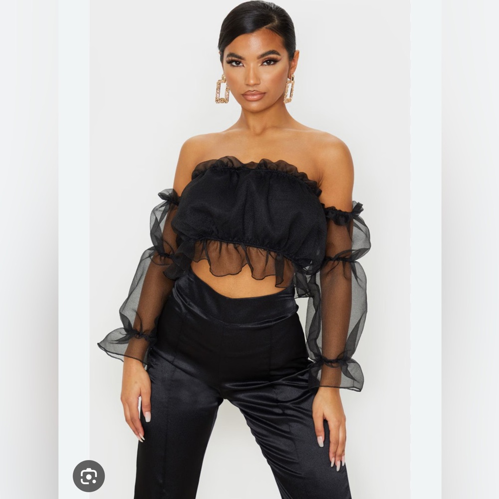 PrettyLittleThing Black Sheer Ruffle Blouse